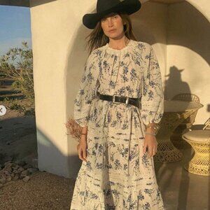 THE GREAT. Cream and Blue Floral Midi Dress